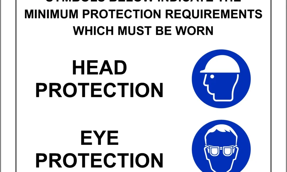 Workplace Safety Signs - Emmjay - NOTICE - Symbols below indicate the Minimum Requirements which must be Worn - Head Protection, Eye Protection, High Viz Clothing Sign