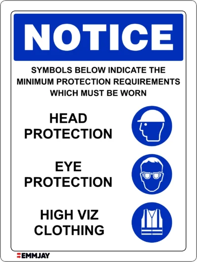 Workplace Safety Signs - Emmjay - NOTICE - Symbols Below Indicate The Minimum Requirements Which Must Be Worn - Head Protection, Eye Protection, High Viz Clothing Sign