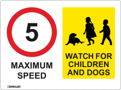 EGL 0679 School Sign – Max Speed 5 Watch For Children And Dogs Sign Variant 2