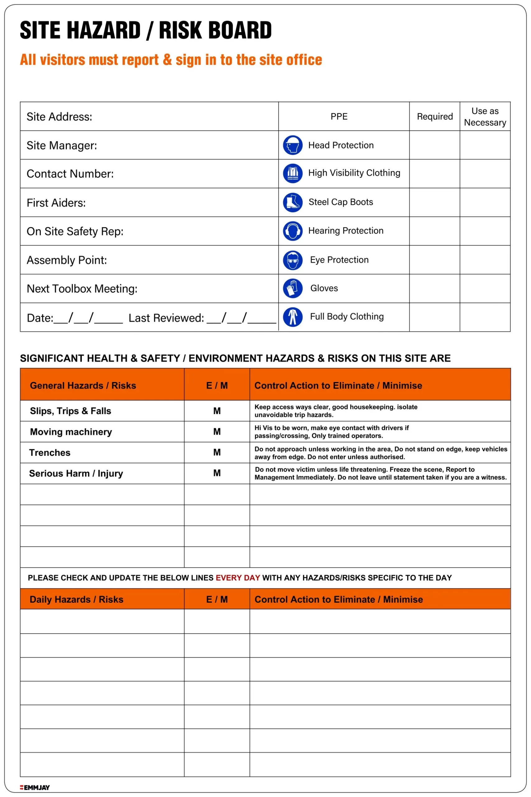 Safety Signs - Emmjay - Site Hazard/ Risk Board - HZ002
