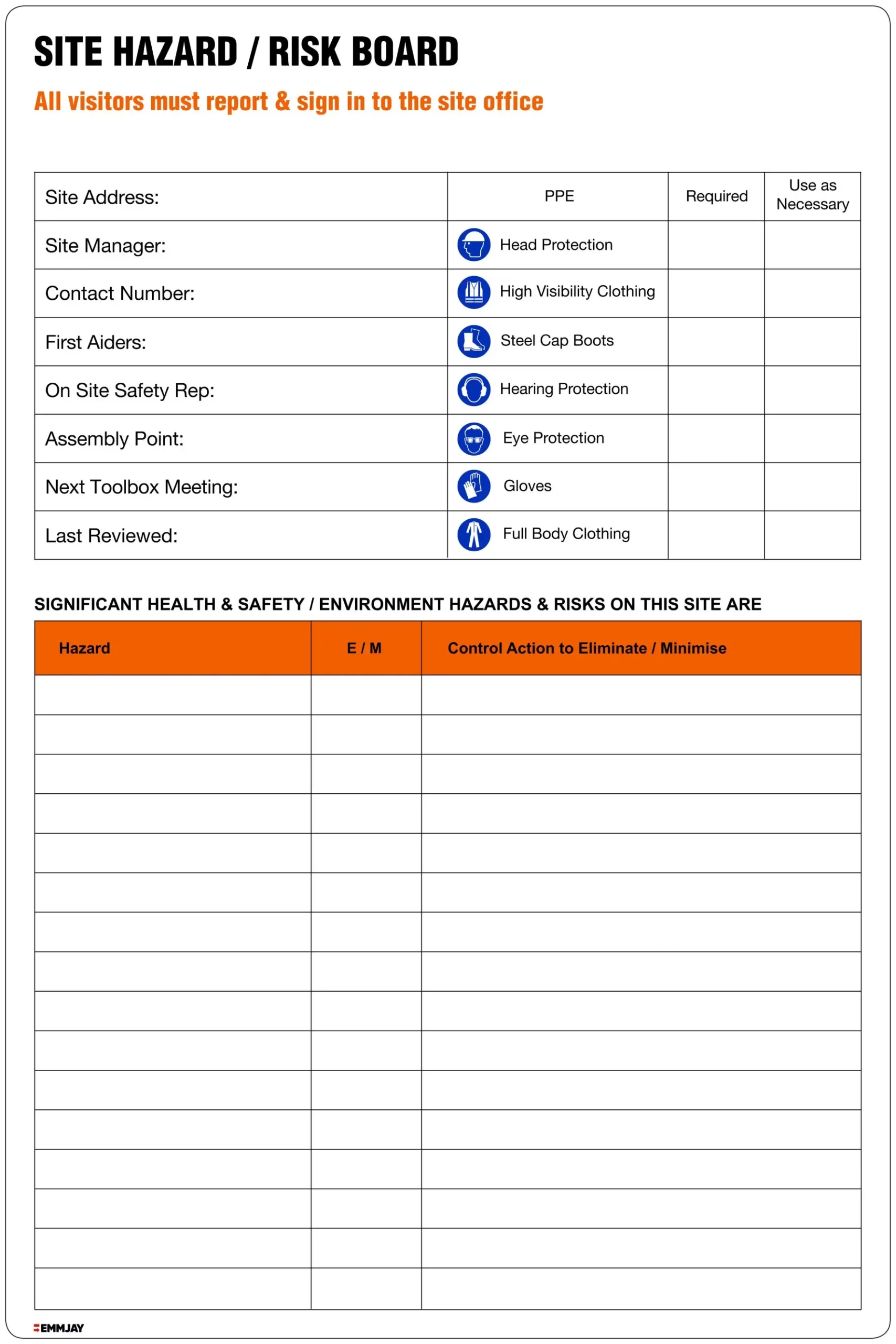 Safety Signs - Emmjay - Site Hazard/ Risk Board - HZ003