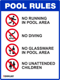 EGL 1180 Pool Rules – No Running, No Diving, No Glassware, No Unattendend Children Sign