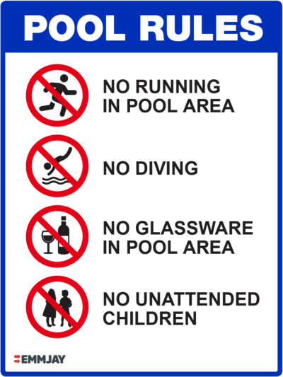 EGL 1180 Pool Rules – No Running, No Diving, No Glassware, No Unattendend Children Sign