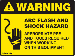 a picture of arc flasg and shock hazard safety sign