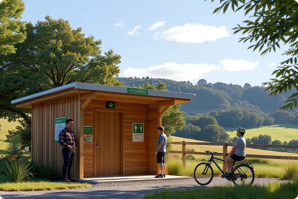 Children waiting to use a public toilet in a park, with a man standing nearby and a child on a bicycle.