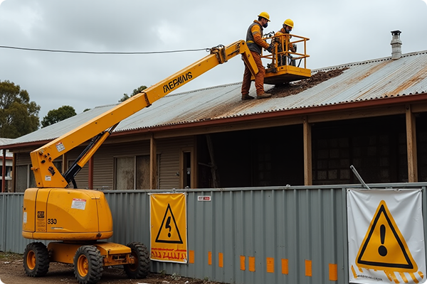 Asbestos hazard warning on roofing to ensure safety compliance.
