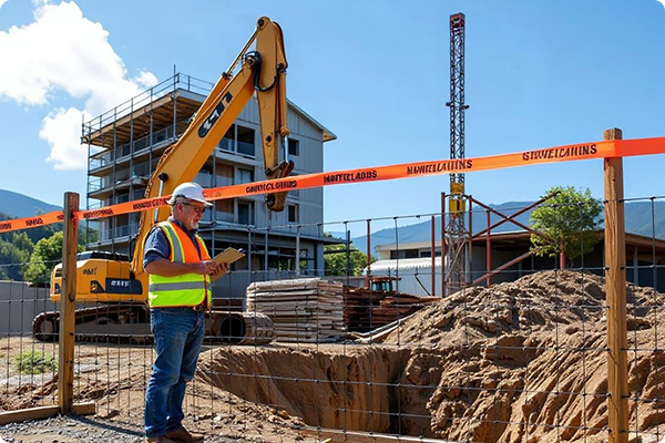 Construction worker on site with danger tape and heavy machinery in the background.