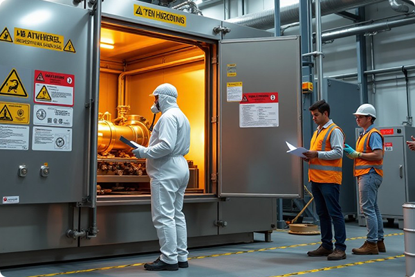 Employee in full protective gear, including gloves and respirator, for hazardous chemical safety.