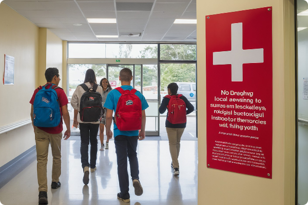 Students walking through a school hallway with a 'No Drugs in School' sign posted on the wall.