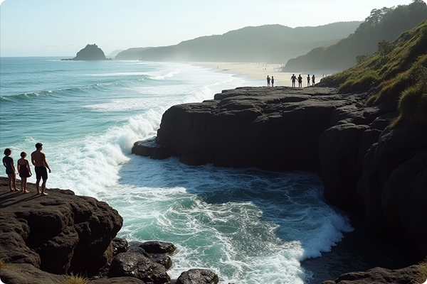 Visitors near a cliff edge where diving is prohibited for safety.