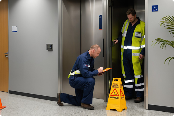 Two mechanics repairing an out-of-service elevator.