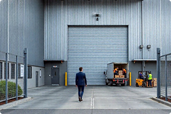 CCTV camera mounted outside a warehouse for security monitoring.