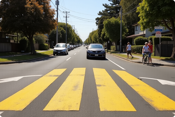 Yellow road marking signaling drivers to reduce speed.