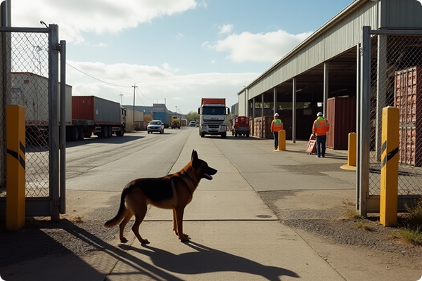 Guard dog stationed outside a facility for security.