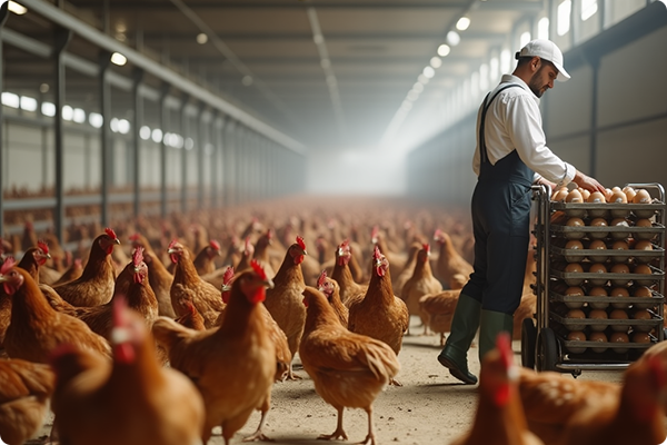 Farmer collecting eggs inside a chicken farm.