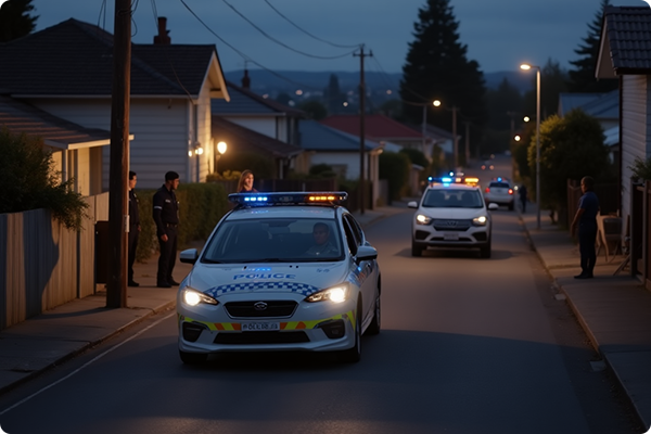Two police cars patrolling a street at night to prevent crime.