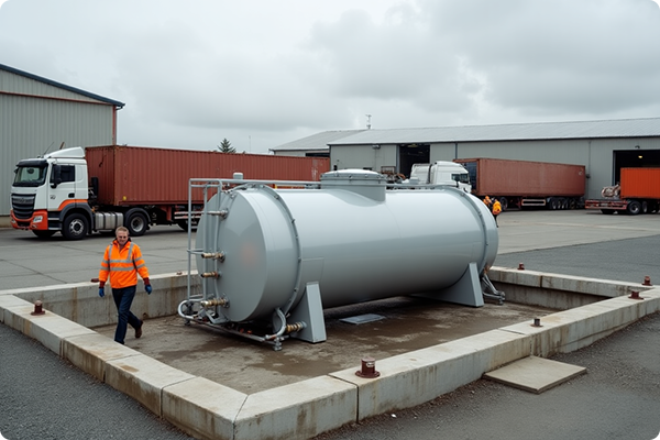 Large diesel fuel storage tank located on-site for equipment refueling.