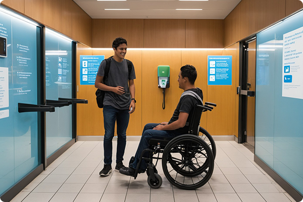 Person with a disability using an accessible toilet.