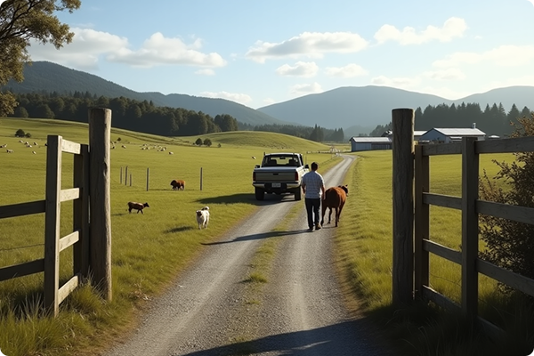 Entrance to a farm with gate and signage.