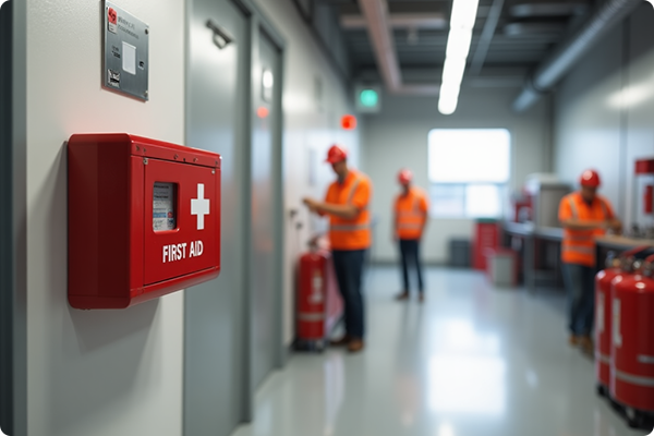 First aid box available and ready for use inside an active worksite.