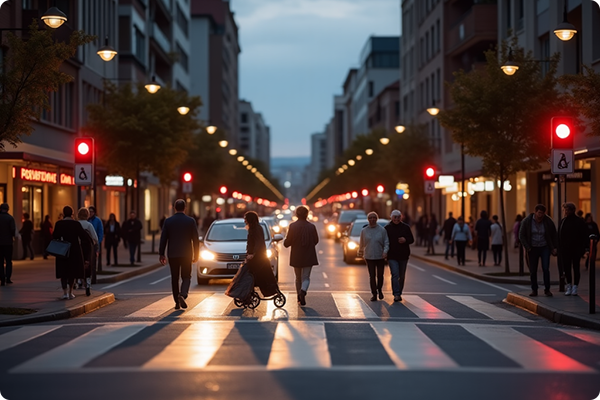 Illuminated pedestrian crossing at night with people safely walking across.
