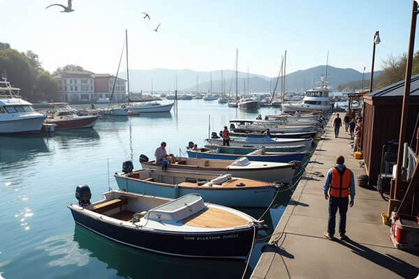 View of a marine with boats parked at designated docks.