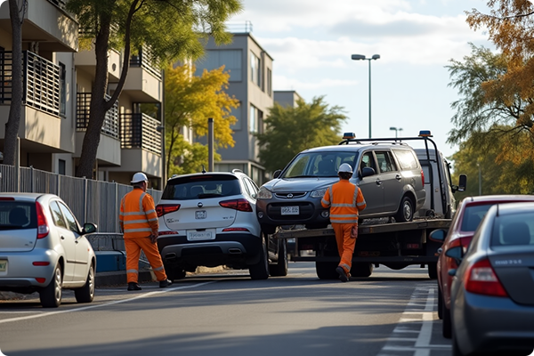 Tow truck removing a car from a private property area, likely due to unauthorized parking.