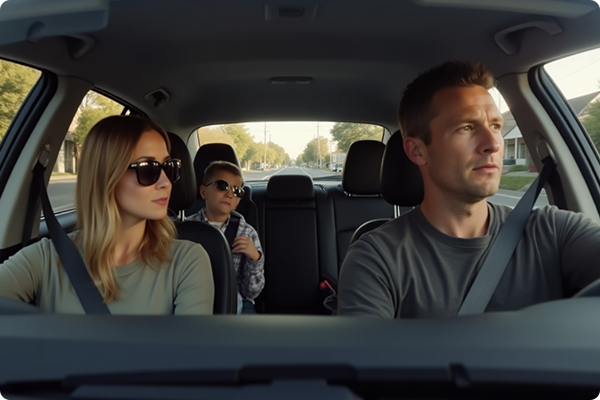 Family inside a car wearing seat belts for safety.