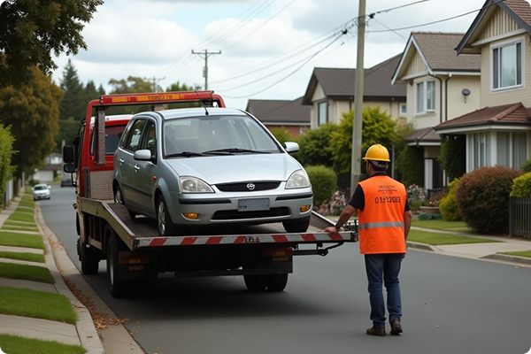 Tow truck operator towing a car.