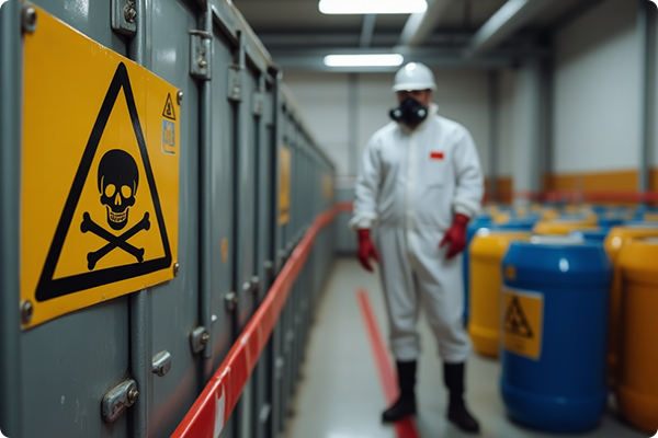 Worker in full protective gear standing beside a sign indicating toxic waste hazard.