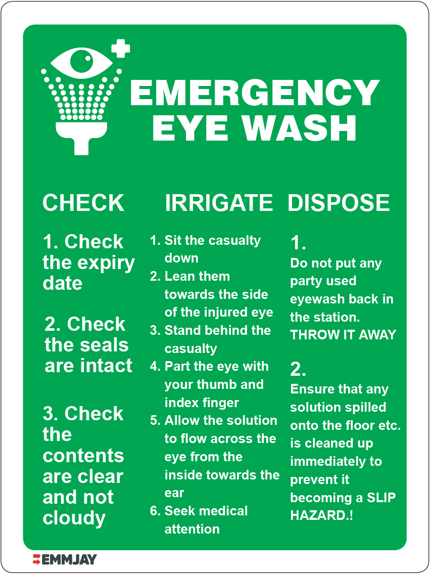 1824_emergency eye wash_check_irrigate_dispose sign